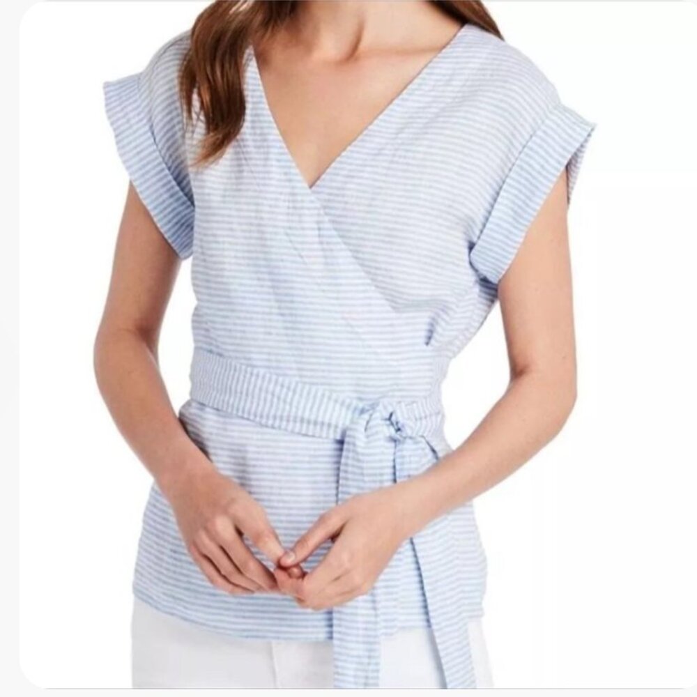 Vineyard Vines Feeder Stripe Linen Wrap Top | Blue & White | Womens Size M